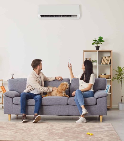 Young,Couple,,Happy,Family,With,Dog,On,Sofa,Switching,On